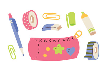 Back to school hand drawn stationery pencil case, tapes, eraser vector illustration for education, online learning, reading book, school and courses. International education day, teachers day art.