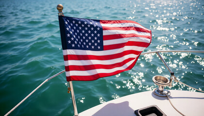 American Flag on Boat with Reflections on Water for Travel Blogs, Nautical Websites, Cultural Articles, Independence Day Content, and Boating Awareness  