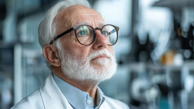 Senior man with white beard wearing glasses thoughtful expression lab coat Close up portrait