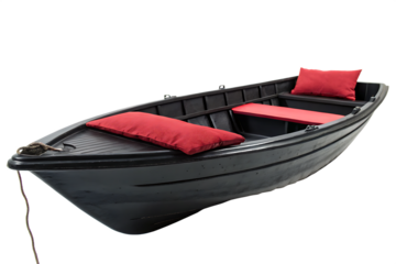 black boat with a red cushion  isolated on white background png, ai generated