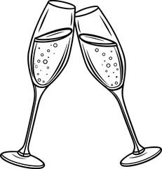 Two Champagne Flutes Toasting Black and White Line Art