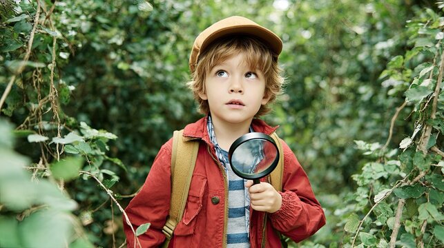 Curious boy with magnifying glass exploring green forest wearing red jacket and backpack on adventure