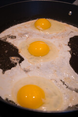 Eggs cooking in the frying pan for a good breakfast