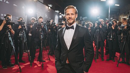 Man in elegant tuxedo posing on red carpet surrounded by photographers with flashing lights at event