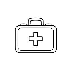 Obraz premium First Aid Kit Line Art: A simple, black and white line art illustration of a medical kit, featuring a classic briefcase design and a prominent red cross symbol.
