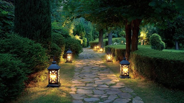 Stone garden path with glowing lanterns at night surrounded by green trees and trimmed peaceful hedges