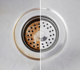 Compairation image before- after cleaning with special detergent on the dirty stainless sink in a...