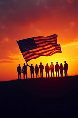 Group of People Holding American Flag at Sunset