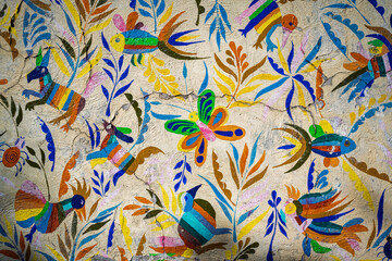 Mexican Otomi Folk Art Mural with Colorful Animals and Flowers