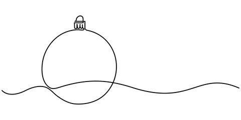 Continuous one line drawing of Christmas ball, single line art element, Holiday greeting card Christmas ball, minimalist sketch line vector illustration, Christmas winter new year concept.