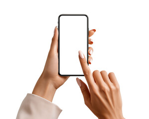 Female hand holding and pressing smartphone isolated on transparent background. Technology concept.