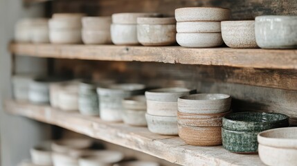 Fototapeta premium A collection of beautifully crafted ceramic pots sits elegantly on rustic wooden shelves, showcasing a blend of colors and textures that emphasize craftsmanship.