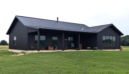 Obraz premium Modern black farmhouse with covered porch