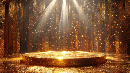 A gold stage with a spotlight shining on it, creating a warm and inviting atmosphere. The stage is empty, allowing the spotlight to draw attention to it and create a sense of anticipation