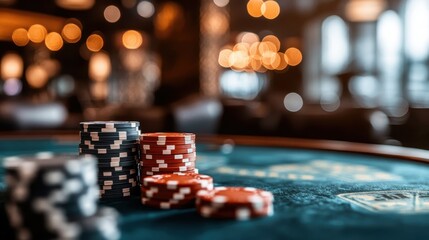 A close-up shot of stacked colorful poker chips on a casino table, blurred lights in the background creating a lively and upscale gambling atmosphere for enthusiasts.
