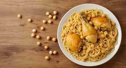 Fototapeta premium Rechta Algerian noodles with chicken and chickpeas, positioned asymmetrically following rule of thirds, rustic wooden table 1