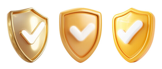 3D illustration of golden shield with checkmark white lights icon isolated on transparent background. Business protection concept