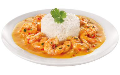 prato com deliciosa moqueca de camarão acompanhada de arroz branco isolado em fundo transparente