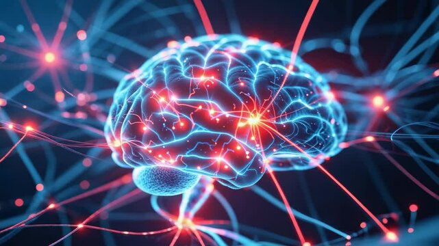Fading neon-blue brain model pulsing lights across network in virtual space, with glowing red nodes