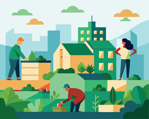 vector illustration of a city cityscape with modern rooftop gardens green buildings and people gardening vector urban eco scene