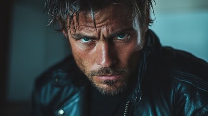 An intense close-up portrait of a man in a leather jacket conveys strength and character, capturing the rugged essence of masculinity with bold facial features.