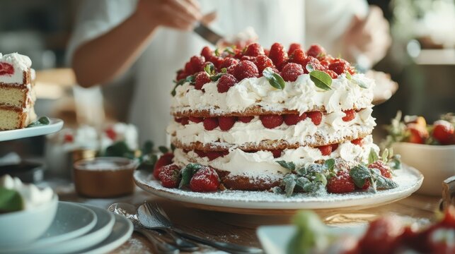 A beautifully decorated layer cake topped with fresh berries and cream, inviting indulgence, perfect for celebrations and showcasing culinary craftsmanship.