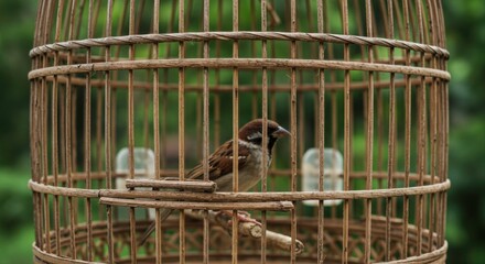 A small bird perched in a rustic wooden cage with a blurry green background