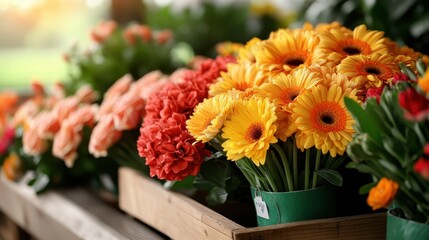 A lively assortment of colorful flowers is arranged in pots at a flower shop, conveying vibrancy and cheerfulness, perfect for celebrations and uplifting moods.