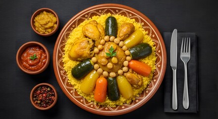Top view of couscous royale with lamb, chicken, and vegetables, served in a large traditional ceramic plate, arranged using rule of thirds 2