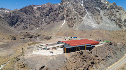 Aerial view of the border between Chile and Argentina known as "Complejo Fronterizo Los Libertadores" in the Andes.
