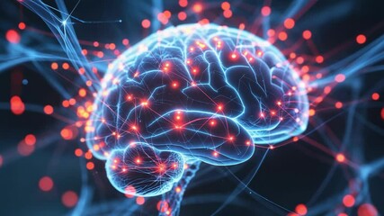 Simulating 3D brain pulsing red nodes, shimmering blue pathways in lab, showing neural signals