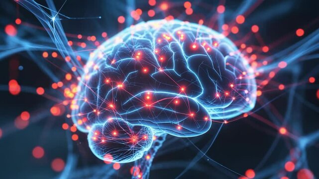 Simulating 3D brain pulsing red nodes, shimmering blue pathways in lab, showing neural signals