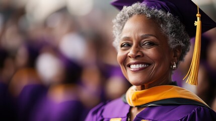This heartwarming image captures a proud graduate smiling broadly while wearing a traditional cap and gown, celebrating the significant achievement of graduation.