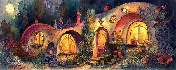 Fototapeta premium A whimsical house and a dreamy cottage. A whimsical, cozy nighttime scene of a glowing hobbit-style cottage surrounded by lush plants and flowers under a full moon.