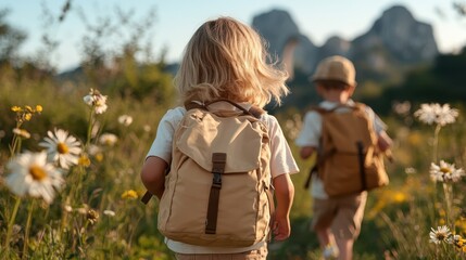 Two joyful children walk through a field of flowers, embodying innocence and exploration as they embrace the beauty of nature while enjoying their summer adventure.
