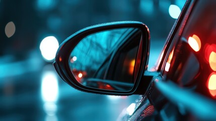 A close-up view of a car's side mirror on a rainy night, showcasing reflective city lights and creating an abstract, colorful ambiance.