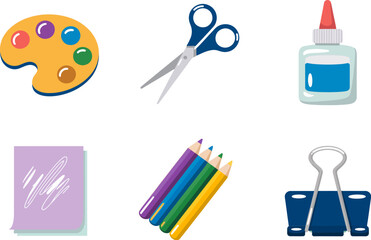 Painter palette scissors glue colored pencils binder clip notebook for art and classroom illustration  