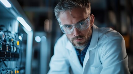 A focused scientist in a lab coat examines complex equipment in a tech-heavy environment, symbolizing innovation and the pursuit of knowledge in scientific endeavors.