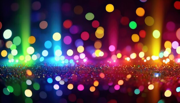 vibrant multicolor bokeh with sparkling glitter foreground and radiant blue lens flare, ideal for web design, festive branding, digital backdrop, or poster design