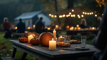 Community pumpkin carving setup with candles, tools, and carved designs