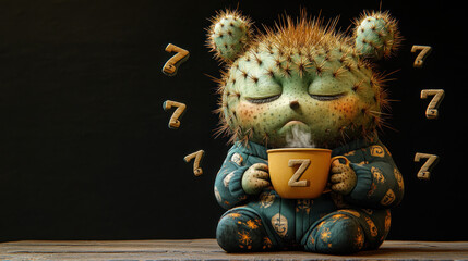 Sleepy cactus creature sipping coffee