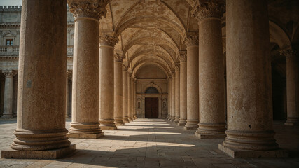 Obraz premium Majestic colonnade leading to ancient doorway in historical building