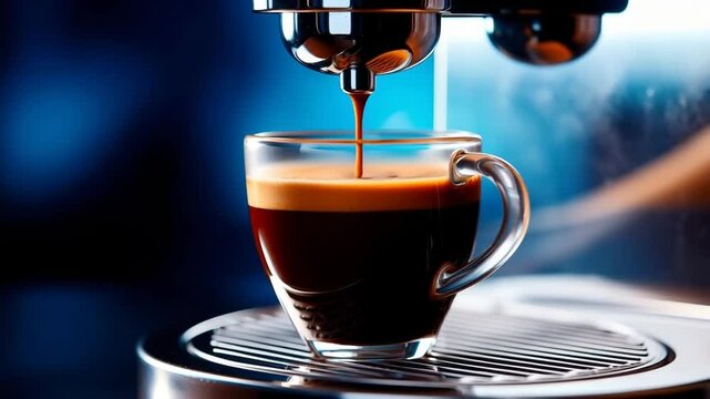 Coffee pouring into small cup, professional coffee machine brewing espresso, slow motion