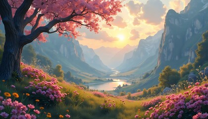 Pink flowers valley view mountain landscape scenic nature artwork