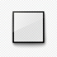 Screen or photo frame isolated on transparent background. Realistic square picture, photograph border. Vector glass black photoframe, display