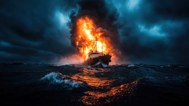 A ship engulfed in flames amidst a turbulent ocean underscores the themes of danger and crisis, evoking powerful emotions related to disaster and survival in extreme situations.