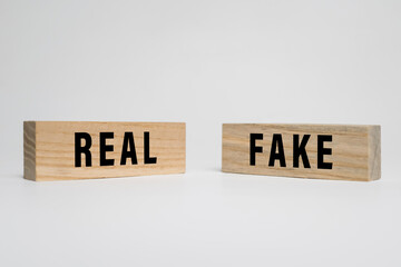 real and fake words text on wooden blocks isolated on white background
