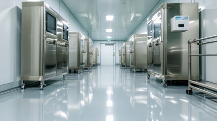 A clean and modern corridor lined with advanced clinical equipment, highlighting the importance of technology and hygiene in contemporary medical facility environments.
