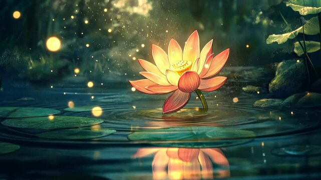 Illuminated lotus in a mystical pond