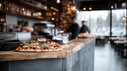 Fototapeta premium A delicious artisan pizza is presented in a trendy cafe, showcasing culinary excellence, creativity, and inviting ambiance for food lovers.
